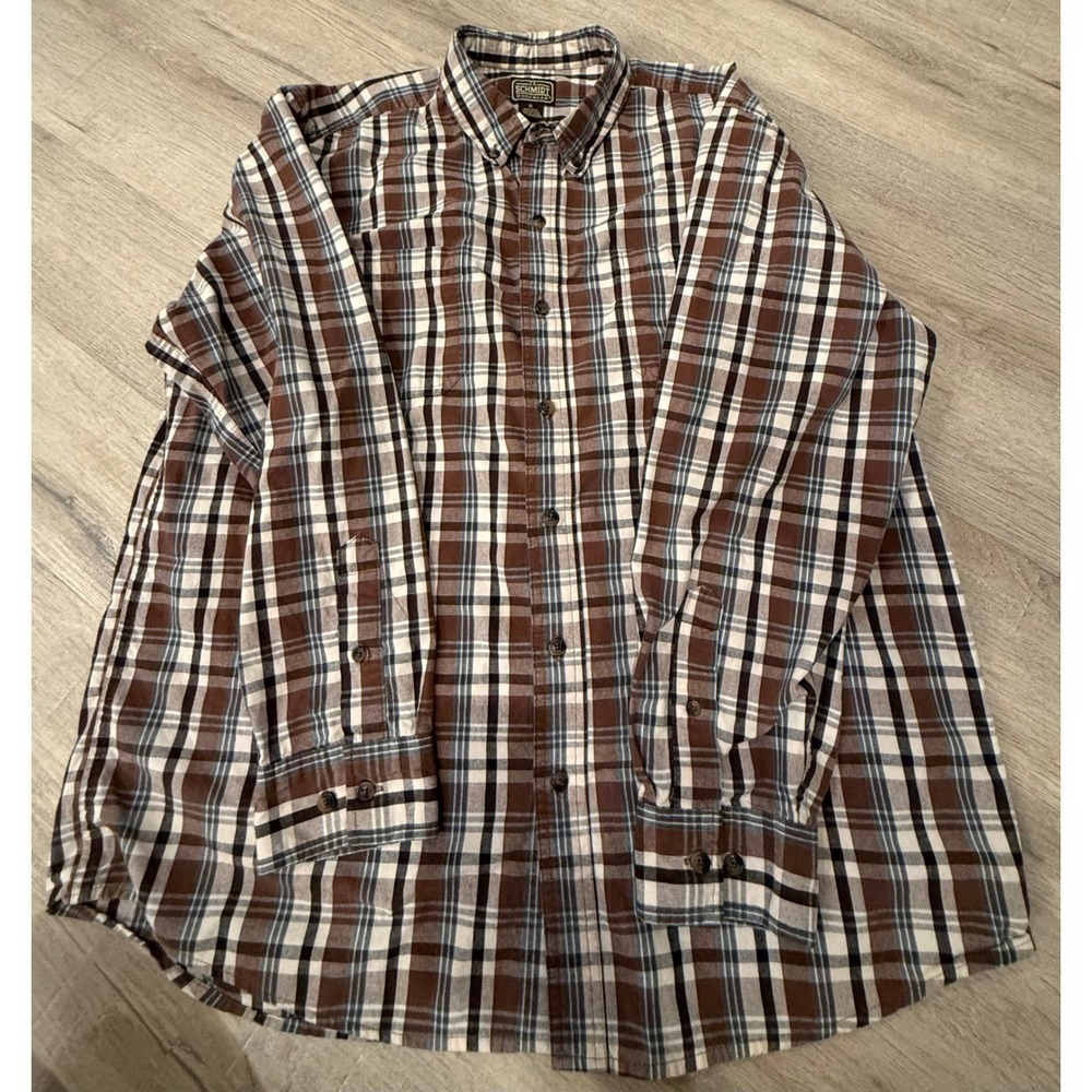 CE Schmidt Workwear Mens XL Brown Plaid Long Sleeve Button Down Cotton Shirt
